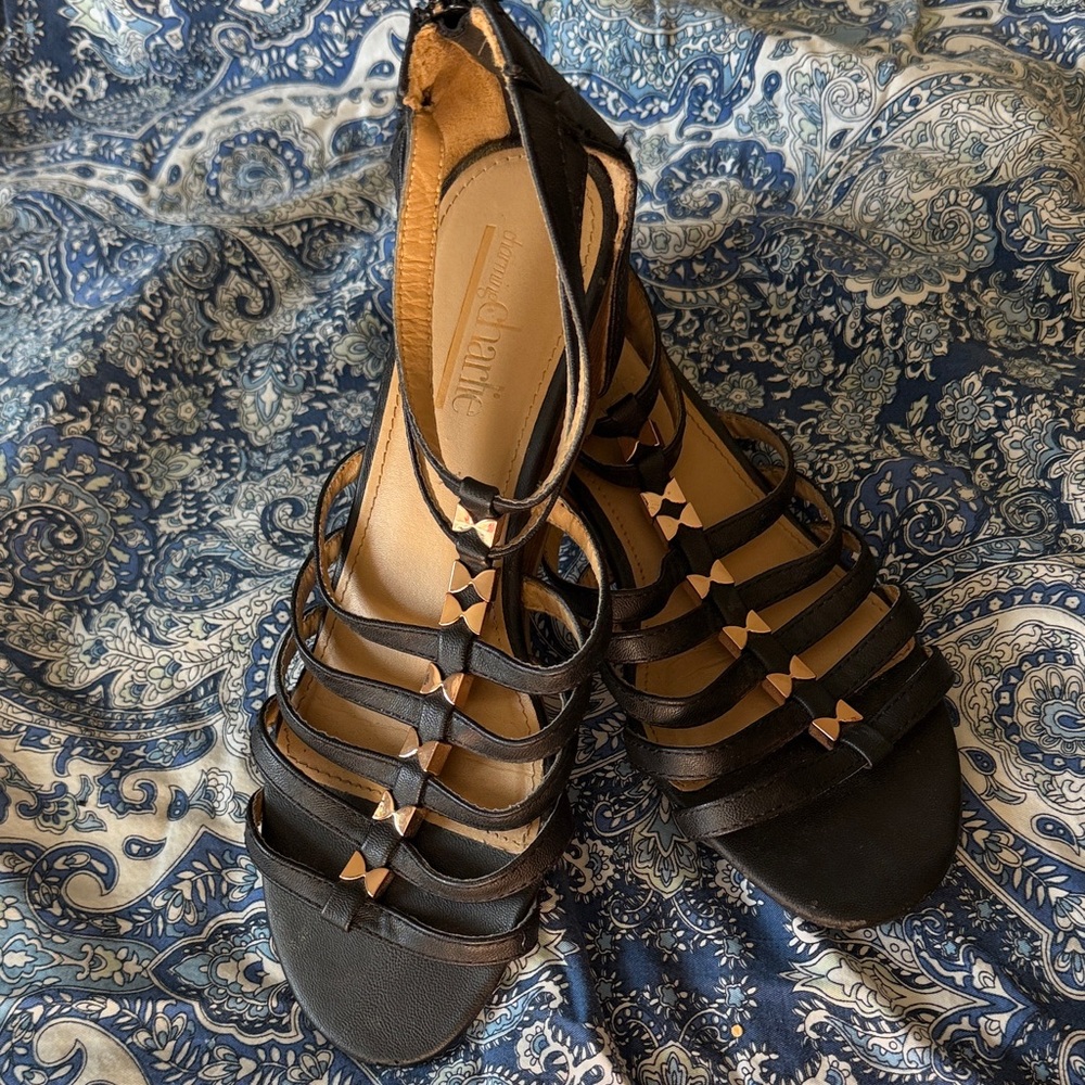 Charming Charlie Black Strappy Wedge Sandals with Rose Gold Accents